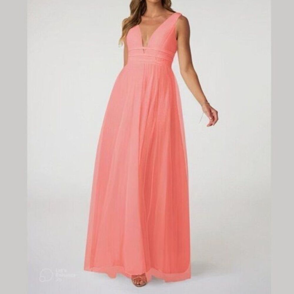 Azazie Chiffon Maxi Dress Deep Vneck Gown Prom Homecoming Coral Peach Size6 $149